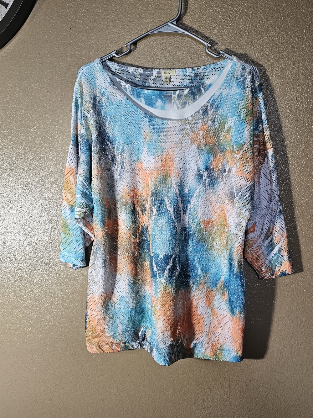 Reba Multicolor Mesh Tunic - Blue & Orange Tie-Dye Shimmer Underlay Size Large